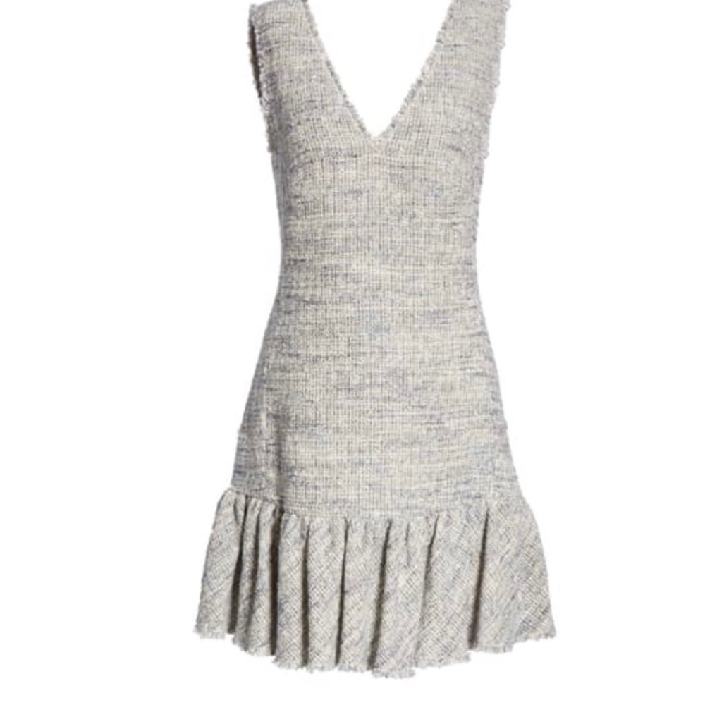 Rebecca Taylor Light Gray Tweed V-Neck Ruffled Hem Dress
